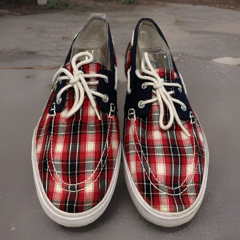 Polo by Ralph Lauren Red and Navy Plaid Boat Shoes